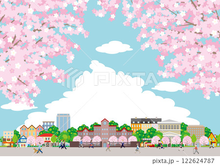 桜咲く春の街並みのイラスト. 街行く人々のイラスト. 122624787