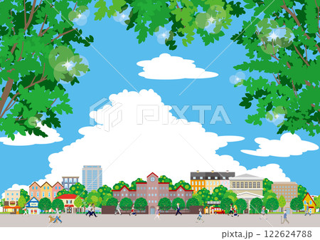 新緑の街並みイラスト. 街行く人々のイラスト. 122624788