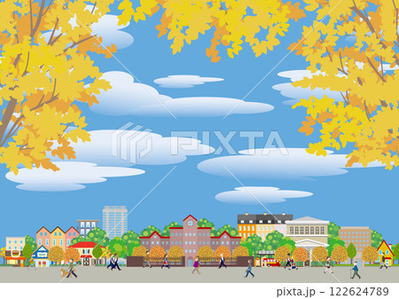 秋の紅葉の街並みイラスト. 街行く人々のイラスト. 秋の紅葉の街並みイラスト. 街行く人々のイラスト. 122624789