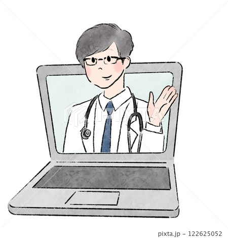 ノートパソコンのモニターから飛び出して説明する医者のイメージイラスト 122625052