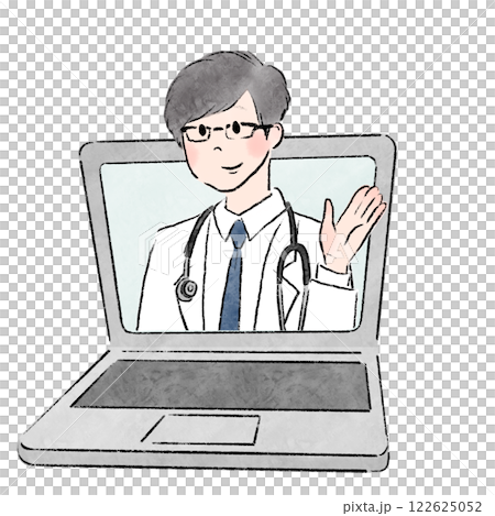 ノートパソコンのモニターから飛び出して説明する医者のイメージイラスト 122625052