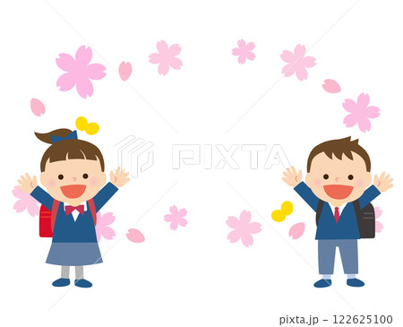 赤と黒のランドセルを背負った笑顔の男女の子どもたちと桜の背景 122625100