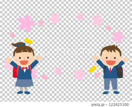 赤と黒のランドセルを背負った笑顔の男女の子どもたちと桜の背景 122625100