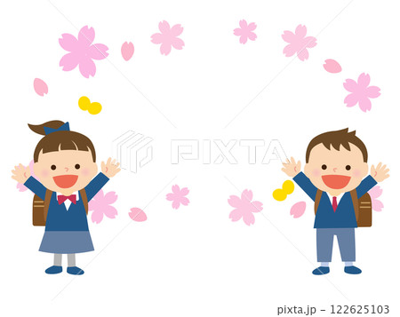 茶色のランドセルを背負った笑顔の男女の子どもたちと桜の背景 122625103