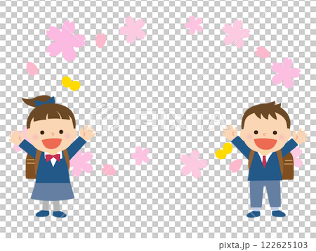茶色のランドセルを背負った笑顔の男女の子どもたちと桜の背景 122625103