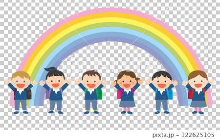 不同種族的孩子背著書包和彩虹 不同種族的孩子背著書包和彩虹 122625105
