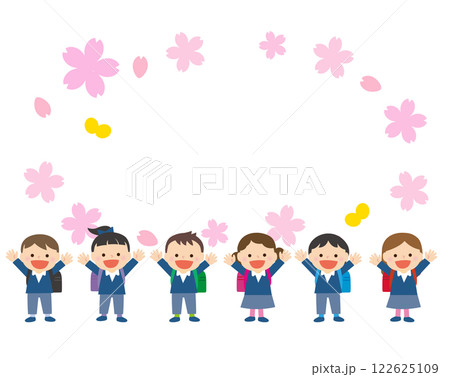 カラフルなランドセルを背負ったいこどもたちと桜の背景 カラフルなランドセルを背負ったいこどもたちと桜の背景 122625109
