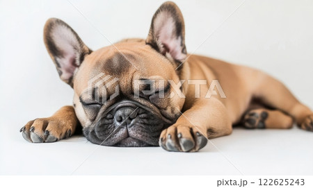 A Bulldog puppy lying down on a white background 122625243