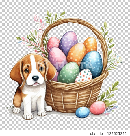 Watercolor illustration of Easter eggs in a basket and a beagle 3 / Material for flyers and posters 122625252