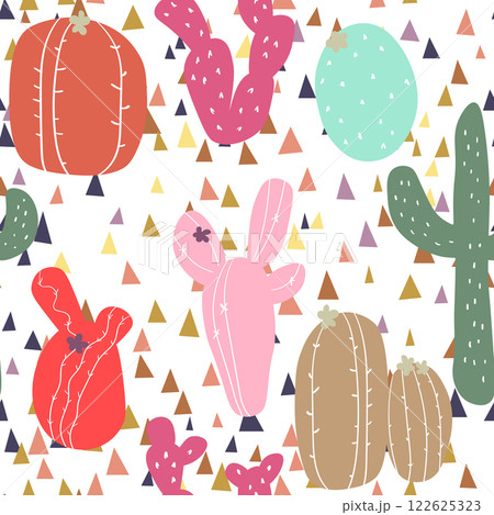 Seamless pattern with cactus with thorns, succulent on color background. Vector drawing illustration for icon, game, packaging, fabric, textile. Wild west, western, cowboy concept 122625323
