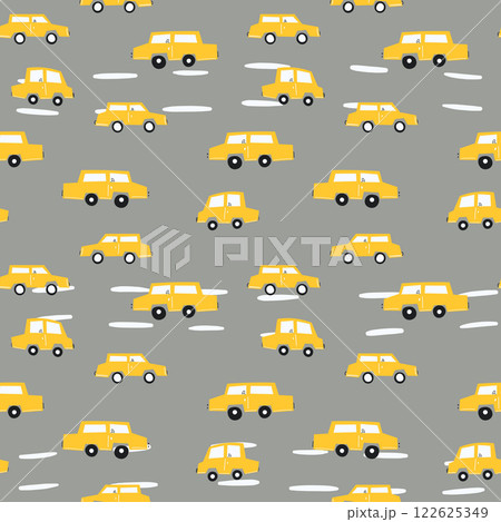 Seamless pattern with cute car on color background. Cartoot transport. Vector illustration. Doodle style. Design for baby print, invitation, poster, card, fabric, textile Seamless pattern with cute car on color background. Cartoot transport. Vector illustration. Doodle style. Design for baby print, invitation, poster, card, fabric, textile 122625349