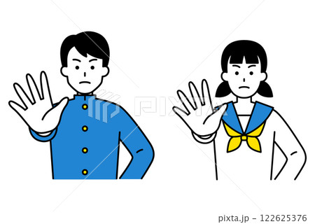 右手を前に突き出す男女の学生　セット 122625376