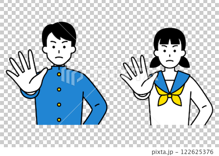 右手を前に突き出す男女の学生　セット 122625376