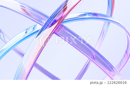Glass holographic circular lines macro 3d background. Abstract hologram transparent curve tapes, iridescent light neon gradient crystal ribbons render. Dynamic digital tech banner. 3D illustration Glass holographic circular lines macro 3d background. Abstract hologram transparent curve tapes, iridescent light neon gradient crystal ribbons render. Dynamic digital tech banner. 3D illustration 122626016