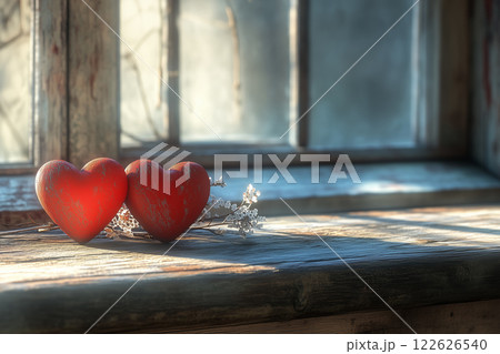 Two weathered red hearts rest on a rustic...のイラスト素材 [122626540] - PIXTA