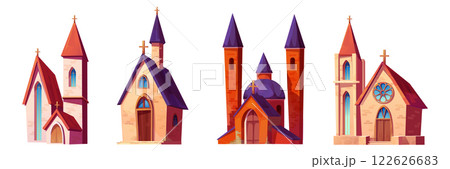 Church building cartoon set of Catholic chapels 122626683