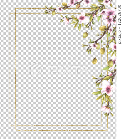 Almond tree branch with green nuts, leaves and flowers Floral gold framed banner. Watercolor painted illustration. Floral spring template for greeting card, product cosmetic label. Isolated background 122626730