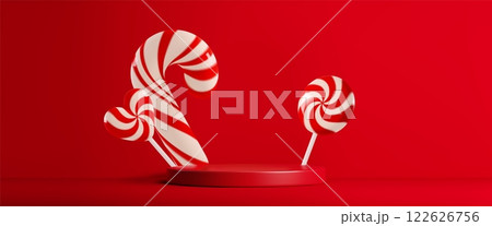 Candy cane and spiral lollipop on red round podium 122626756