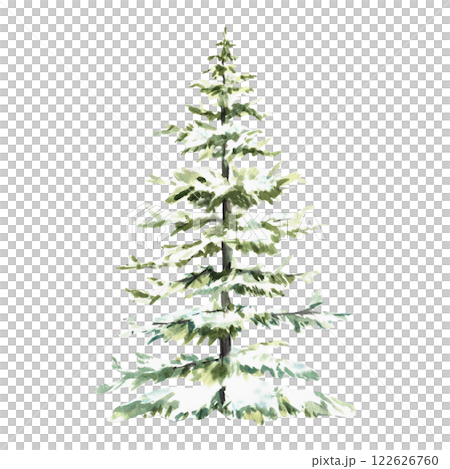 Christmas fir. Spruce tree snow covered. Hand painted Snowy winter watercolor illustration isolated element from background. Clipart for seasonal holiday design of Xmas card, poster, label, pattern. 122626760