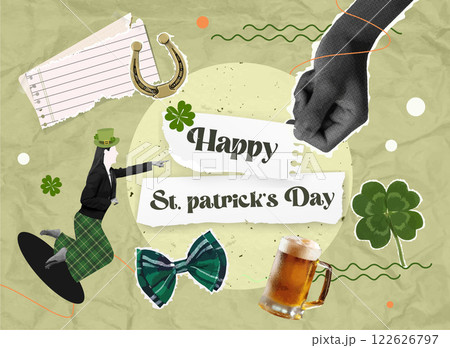 Happy St. Patrick Day themed collage featuring festive elements like beer, hats, and clovers. 122626797