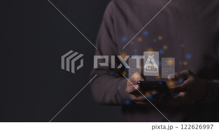 Young Man hand holding Smart Phone with five star to review and give 5 stars  122626997