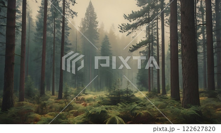 A tranquil misty forest with towering trees and lush ferns, exuding peace and mystery A tranquil misty forest with towering trees and lush ferns, exuding peace and mystery 122627820