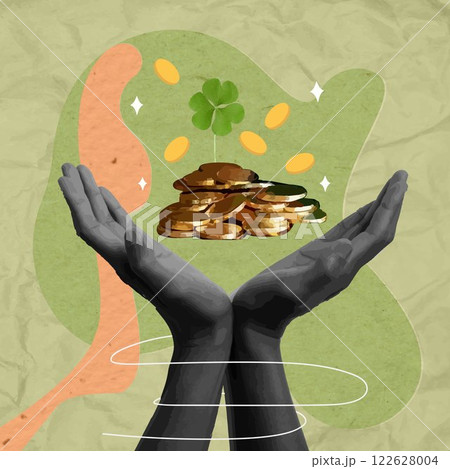 Collage of hands holding golden coins and a clover for Saint Patrick Day, vector illustration 122628004
