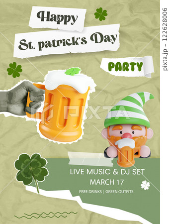 Happy St. Patrick Day party promotion with live music, beer, and festive gnome, vector illustration 122628006
