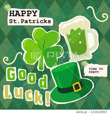 Collage of cheerful St. Patrick Day elements with clover, green beer, and hat, vector illustration 122628007