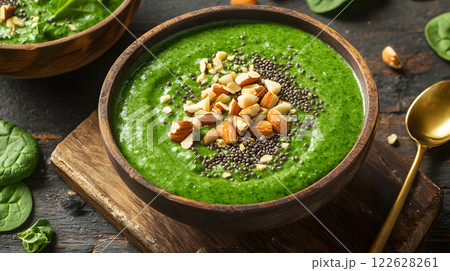 Fresh spinach and kale smoothie bowl topped with nuts Fresh spinach and kale smoothie bowl topped with nuts 122628261