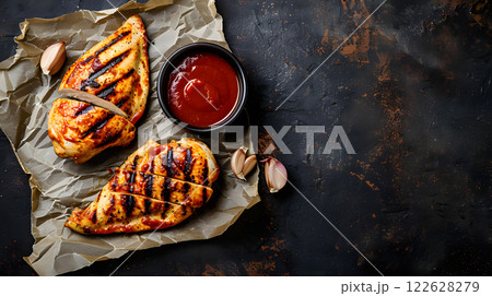 Grilled food, Grilled chicken breast slices served with a smoky barbecue 122628279