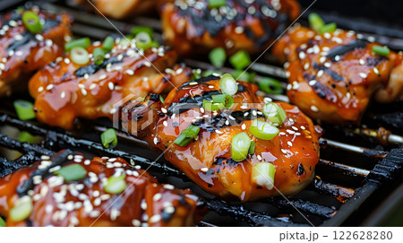 Grilled food, Grilled chicken thighs marinated in teriyaki sauce 122628280