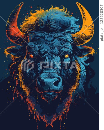 Buffalo head with horns. Vector illustration for t-shirt. 122628507
