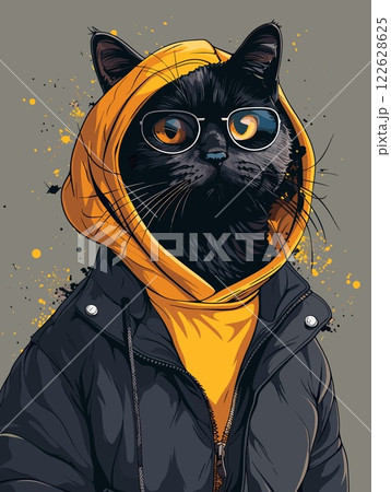 Cute black cat in a yellow jacket and scarf. Vector illustration. 122628625