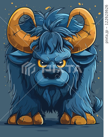Vector illustration of a big blue bison with big horns. Cartoon style. 122628626