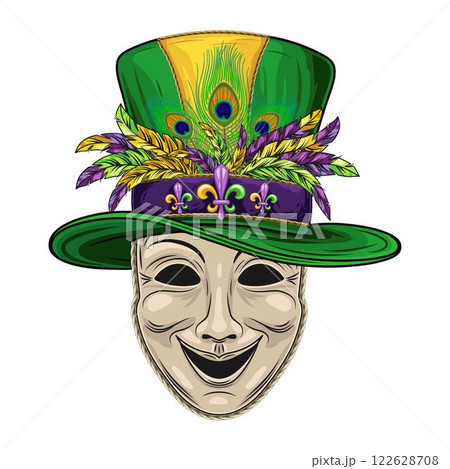 Theatrical comedy face mask with tall green cylinder hat with bunch of feathers. Mardi Gras themed detailed illustration in vintage style. Front view. Theatrical comedy face mask with tall green cylinder hat with bunch of feathers. Mardi Gras themed detailed illustration in vintage style. Front view. 122628708
