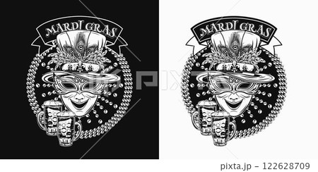 Mardi Gras themed circular label. Emblem with strings of beads, glass of beer, flying confetti, text in ribbon, carnival comedy face mask in tall cylinder hat. Monochrome holiday composition. Mardi Gras themed circular label. Emblem with strings of beads, glass of beer, flying confetti, text in ribbon, carnival comedy face mask in tall cylinder hat. Monochrome holiday composition. 122628709