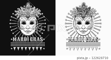 Mardi Gras themed label. Black and white emblem with carnival venetian face mask with bundle of feathers on top, beads, text. Vintage holiday composition. 122628710