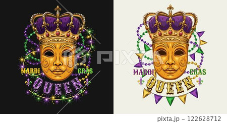 Mardi Gras Queen label. Emblem with carnival golden venetian face mask in imperial crown, intertwined interlaced strings of beads, lights garland, pennants bunting, text. Composition in vintage style 122628712