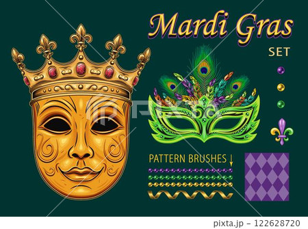 Pack of design elements for Mardi Gras masquerade with venetian mask in golden crown, bead strings, streamer ribbon, harlequin pattern, holiday trinket, bling, text. Clip art in vintage style. 122628720