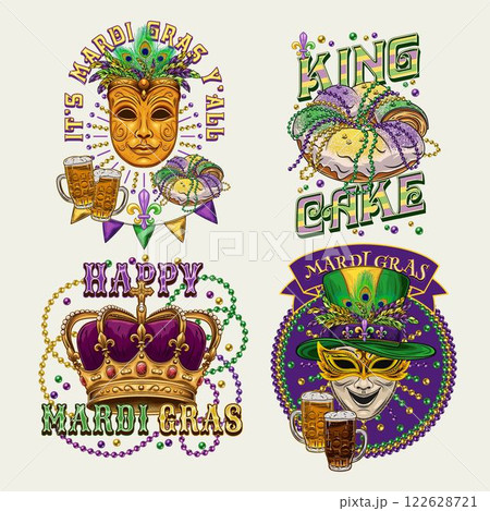 Carnival Mardi Gras labels with masquerade masks, crown, festive food king cake, beer, beads, glossy text. Vintage illustrations on white background. For prints, clothing, t shirt, holiday design 122628721