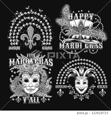 Carnival Mardi Gras labels with masquerade masks, beads, feathers, text. Black and white vintage illustrations on black background. For prints, clothing, t shirt, holiday goods design Carnival Mardi Gras labels with masquerade masks, beads, feathers, text. Black and white vintage illustrations on black background. For prints, clothing, t shirt, holiday goods design 122628723