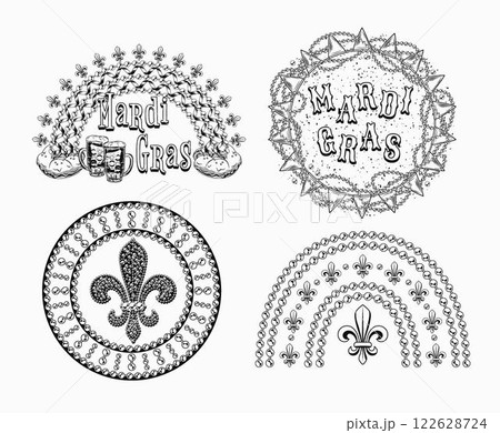 Carnival Mardi Gras labels with beaded rainbow, king cake, beads, fleur de lis symbol, text. Black and white illustrations on white background. For prints, clothing, t shirt, holiday design Carnival Mardi Gras labels with beaded rainbow, king cake, beads, fleur de lis symbol, text. Black and white illustrations on white background. For prints, clothing, t shirt, holiday design 122628724