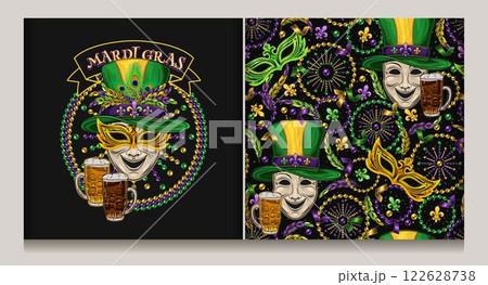 Mardi Gras beaded circular label with comedy mask in tall top hat, beer. Seamless pattern with mask scattered Fleur de Lis symbol, strings of beads, confetti. Mardi Gras beaded circular label with comedy mask in tall top hat, beer. Seamless pattern with mask scattered Fleur de Lis symbol, strings of beads, confetti. 122628738
