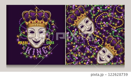 Mardi Gras King label, seamless pattern with comedy mask in imperial golden crown, intertwined strings of beads, lights sparkles garland, fleur de lis symbol, text. Carnival decoration. 122628739