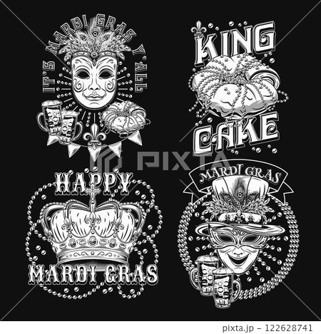 Carnival Mardi Gras labels with masquerade masks, crown, festive food king cake, beer, beads, text. Monochrome vintage illustrations on black background. For prints, clothing, t shirt, holiday design 122628741