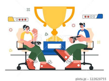 E-Sports Tournament Vector Illustration featuring Two Players Competing in an Online Game for a Cyber Sports Competition inside a Gaming Arena 122628755