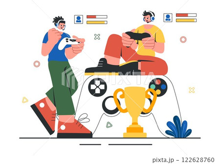E-Sports Tournament Vector Illustration featuring Two Players Competing in an Online Game for a Cyber Sports Competition inside a Gaming Arena E-Sports Tournament Vector Illustration featuring Two Players Competing in an Online Game for a Cyber Sports Competition inside a Gaming Arena 122628760