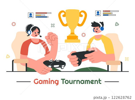 E-Sports Tournament Vector Illustration featuring Two Players Competing in an Online Game for a Cyber Sports Competition inside a Gaming Arena E-Sports Tournament Vector Illustration featuring Two Players Competing in an Online Game for a Cyber Sports Competition inside a Gaming Arena 122628762