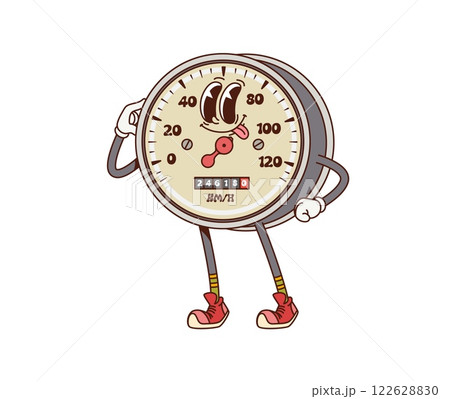 Cartoon retro groovy car speedometer character. Car spare part happy isolated vector personage or automobile dashboard gauge comical groovy mascot. Auto transport analog speedometer childish character Cartoon retro groovy car speedometer character. Car spare part happy isolated vector personage or automobile dashboard gauge comical groovy mascot. Auto transport analog speedometer childish character 122628830